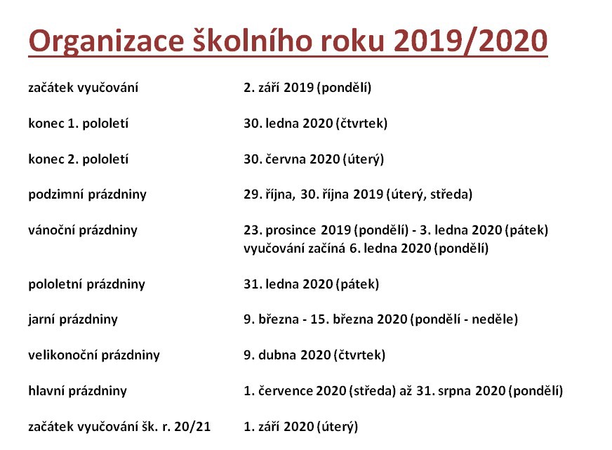 Organizace školního roku 2019/2020