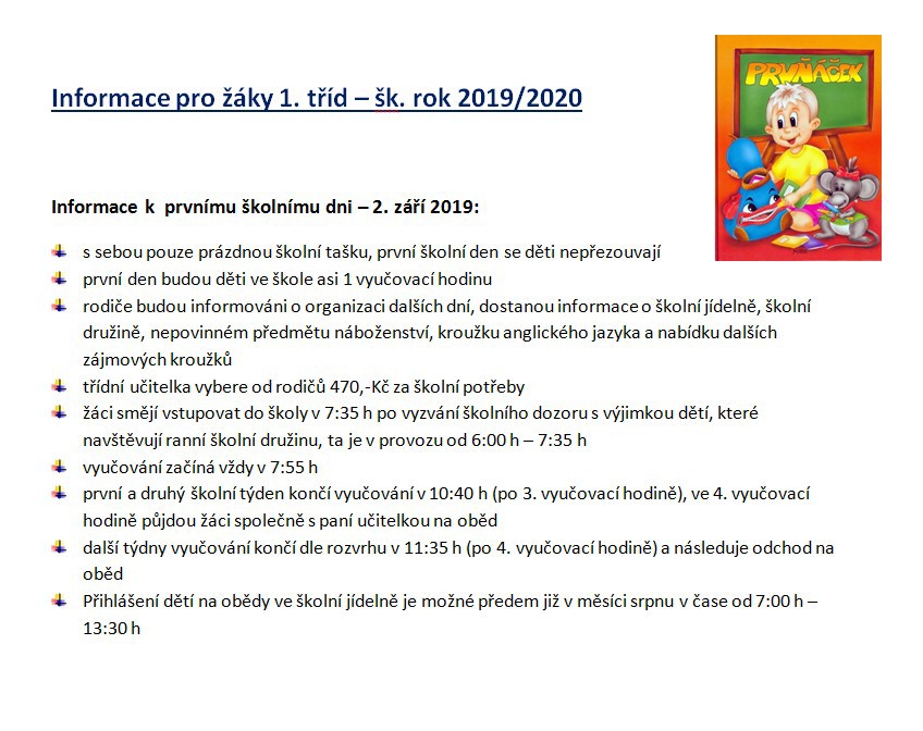 Informace pro žáky 1. tříd - šk. rok 2019/2020