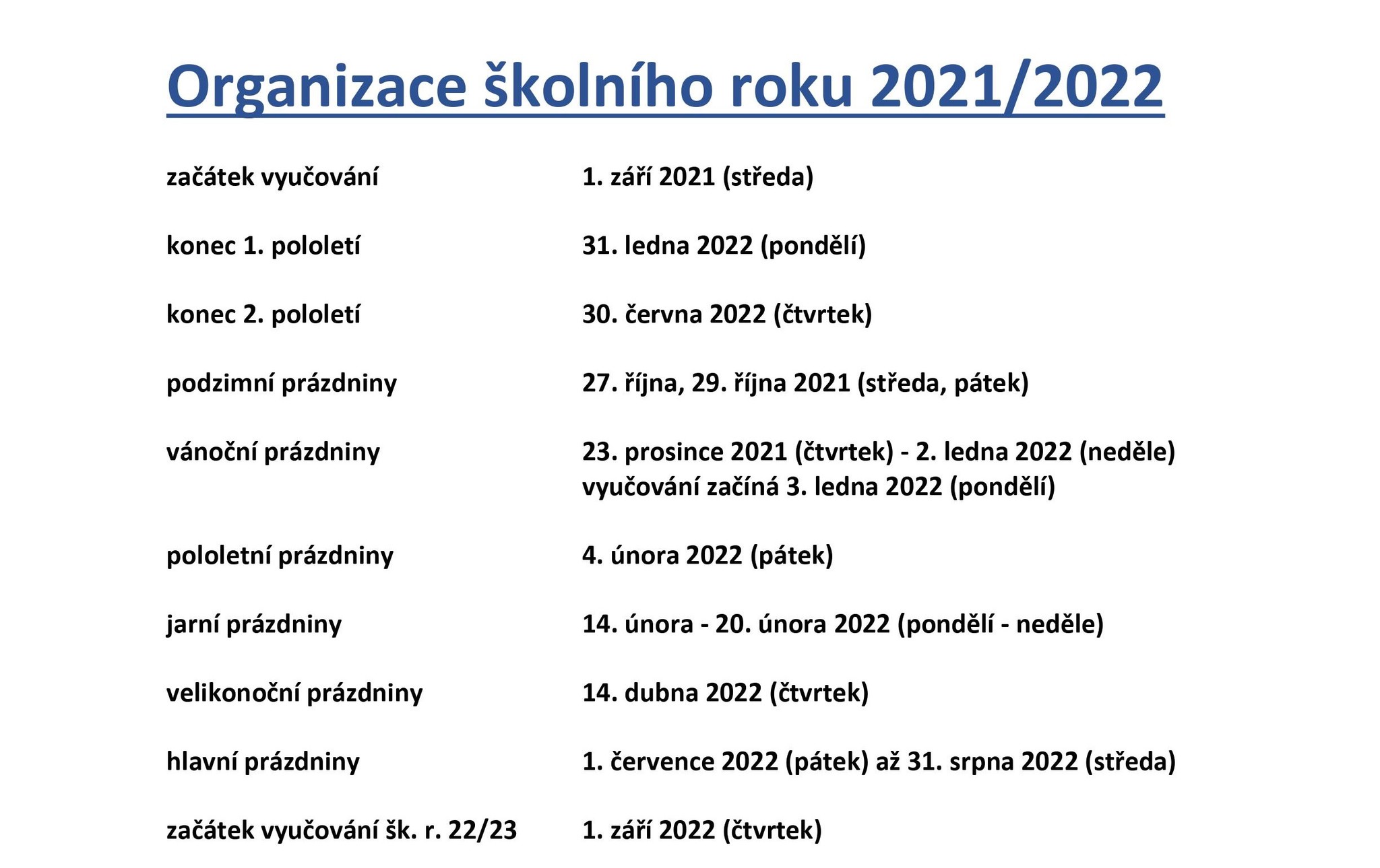 Organizace školního roku 2021/2022